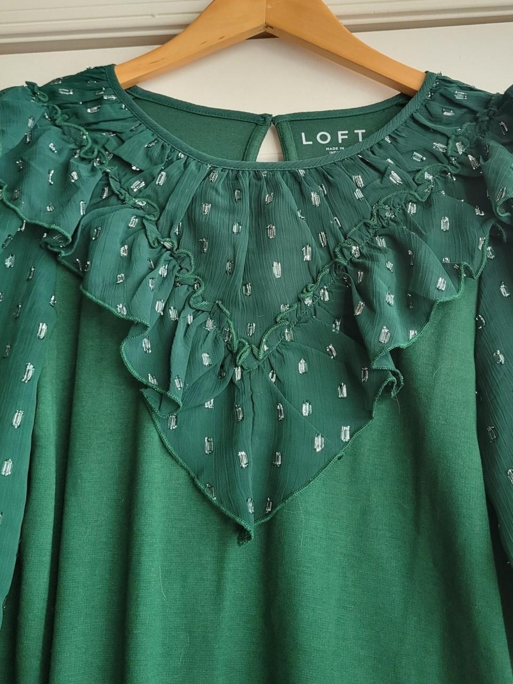 LOFT Women's Green Ruffle Front Long-Sleeve Top - Picture 3 of 7